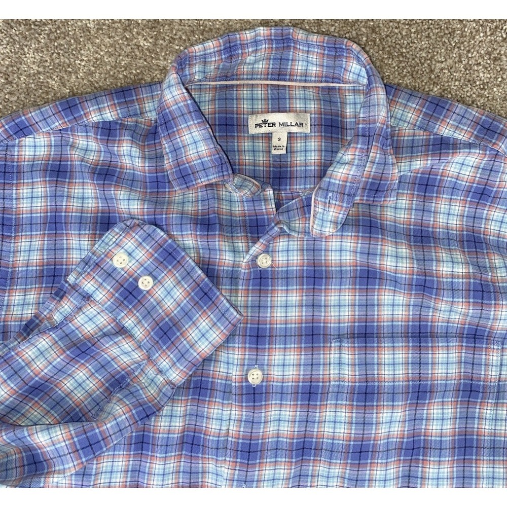 Peter Millar Summer/Spring Cotton/Silk Button Down Plaid Blue/Red Preppy Mens S